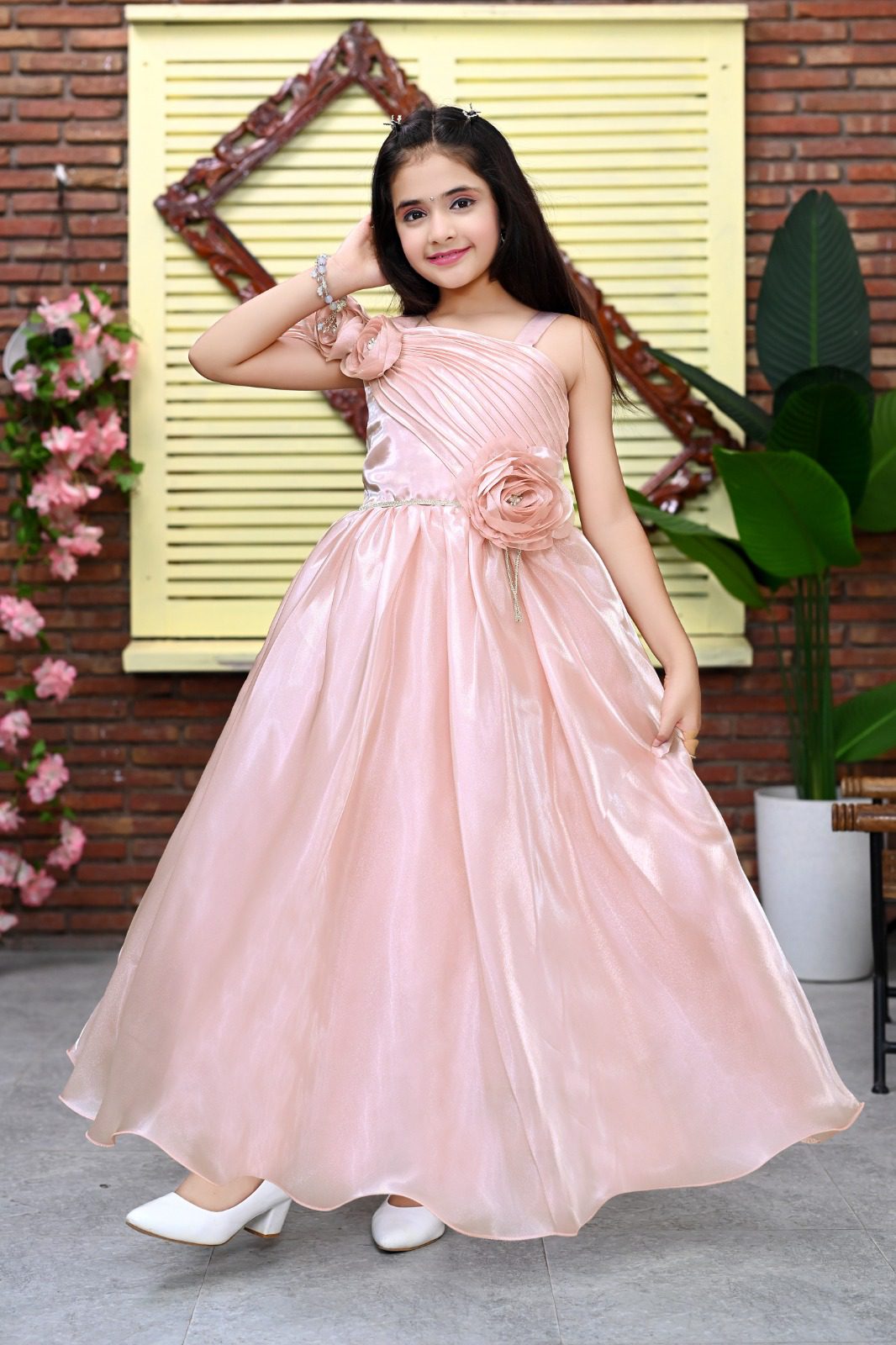 Elegant Lilac Satin Party Gown for Girls with One-Shoulder Pleated Design and Floral Detailing |Age 2 – 11 years| (6 Pcs Set) - Image 2