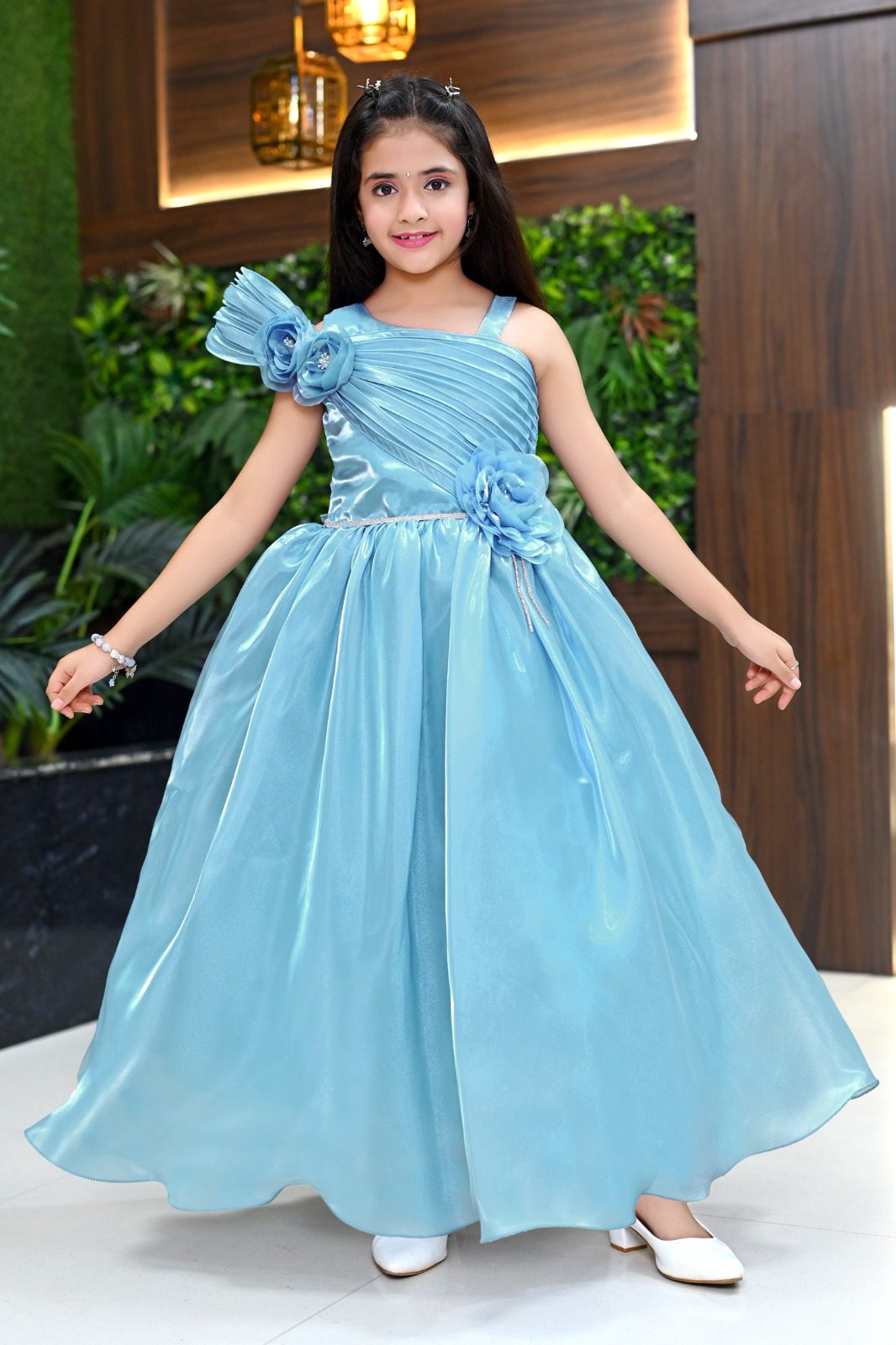 Elegant Lilac Satin Party Gown for Girls with One-Shoulder Pleated Design and Floral Detailing |Age 2 – 11 years| (6 Pcs Set) - Image 3