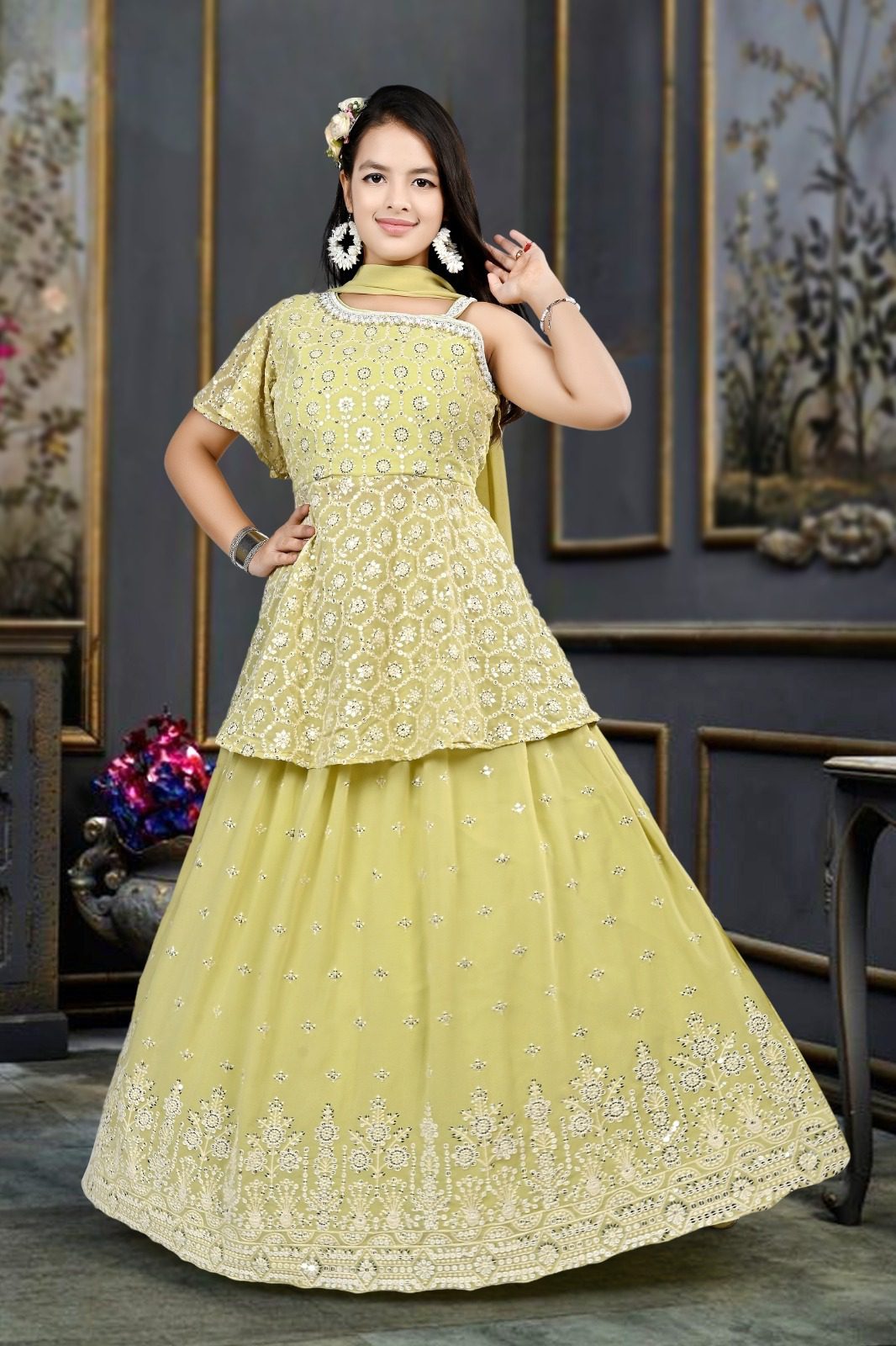 Elegant Lime Yellow Embroidered Lehenga Choli Set for Girls with Stylish One-Shoulder Dupatta Age 10 – 18 years. (6 Pcs Set)