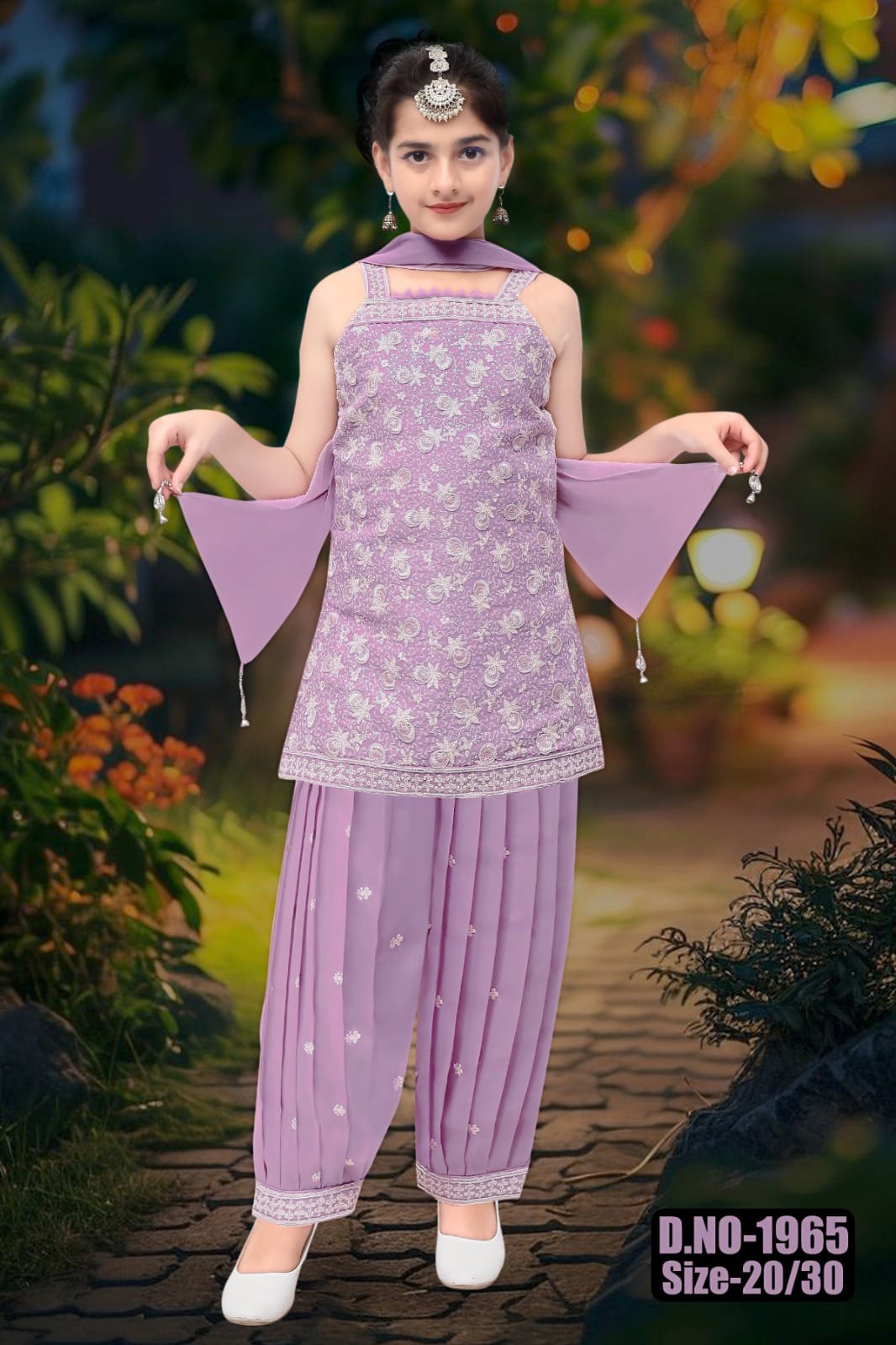 Trendy Mauve Floral Embroidered Kids Patiala Suit Set – Elegant Occasion Wear for Girls (6 Pcs Set) - Image 3